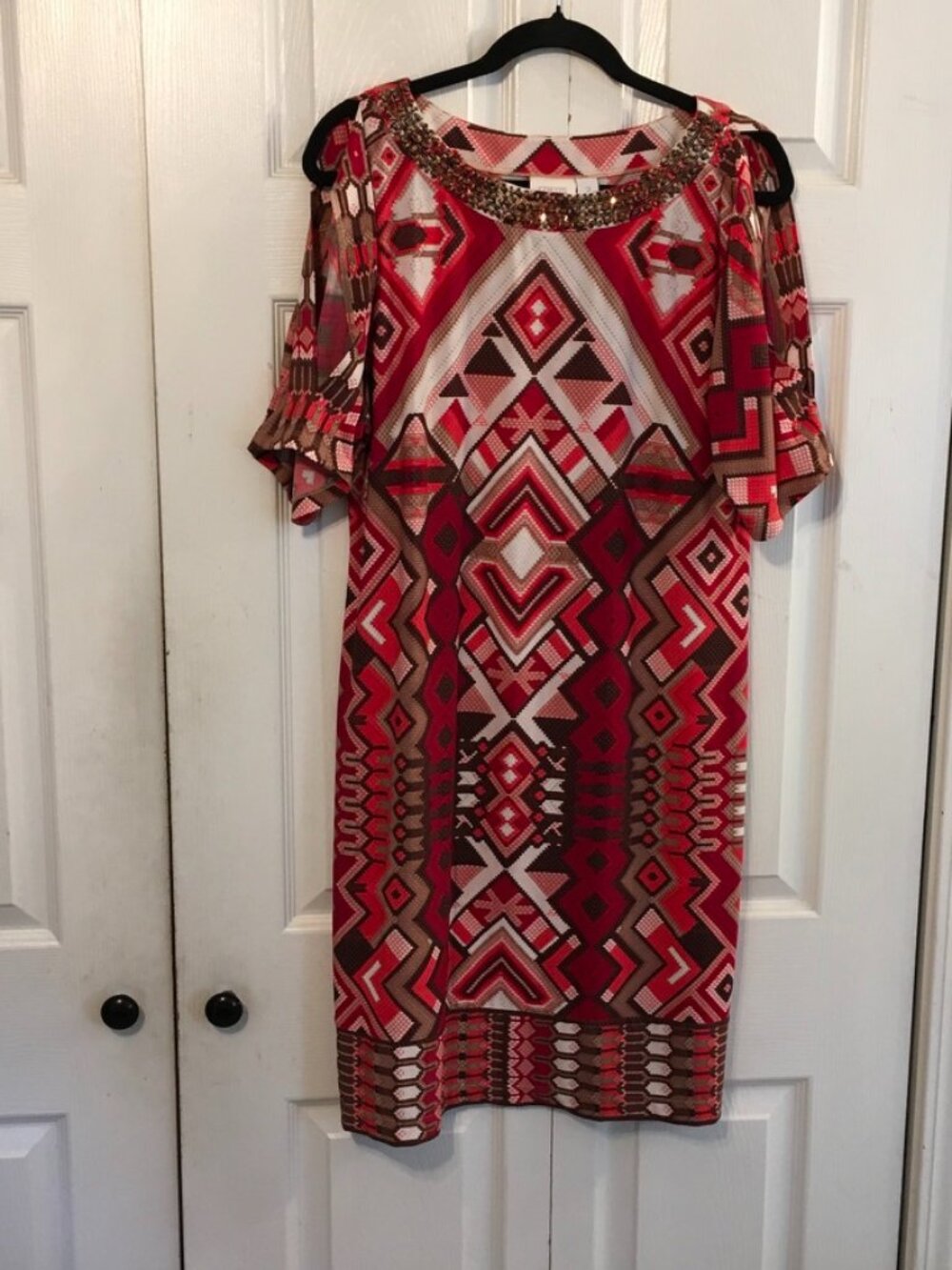 Chico's Red/Brown Geometric Print Shift Dress Beaded Neckline 2